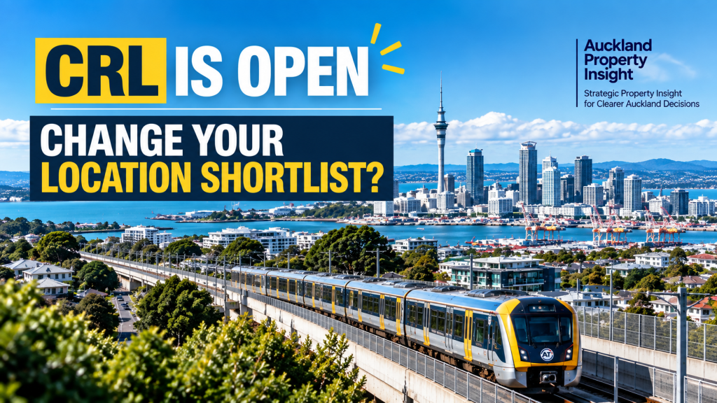 Auckland City Rail Link train with Auckland skyline — should better connectivity change your location shortlist?